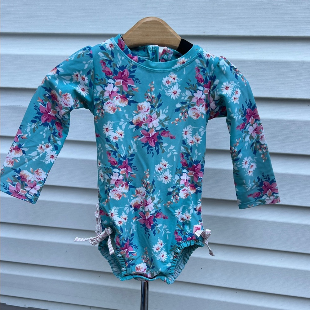 Ruffle Butts Floral Kids Swim Rashguard - Teal and Pink